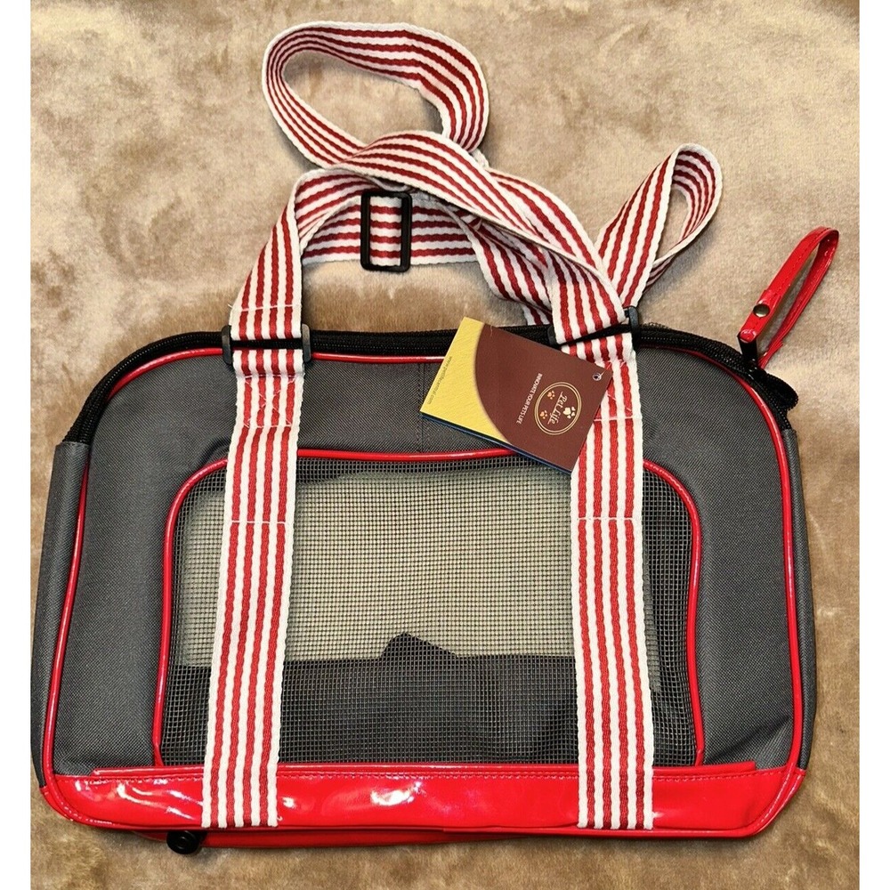 New Pet Life Carrier Shoulder Bag Gray Red Dog Cat Adjustable Straps Zip Closur